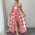 Women's Spring and Summer Beach Vacation Style Casual and Elegant Contrasting Color All-Over Retro Print Sleeveless Jumpsuit