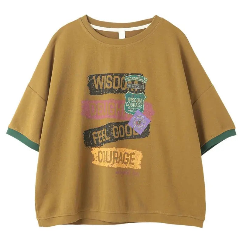 Female Korean Casual Letter Printed Round Neck T-shirt Summer Loose All-match Contrast Color Half Sleeve Tops Womens Clothing