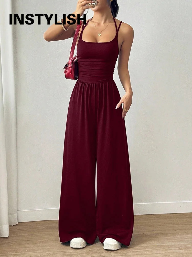 Women Halter Spaghetti Strap Jumpsuits Summer Casual Elastic High Waist Backless Wide Leg Long Pants Romper Club Party Overalls