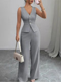 Summer New Solid Color Two Piece Sets Women V-neck Sleeveless Slim Single-breasted Vest Top + Wide-leg Trousers 2-piece Set