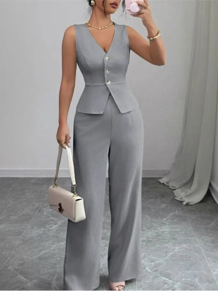 Summer New Solid Color Two Piece Sets Women V-neck Sleeveless Slim Single-breasted Vest Top + Wide-leg Trousers 2-piece Set