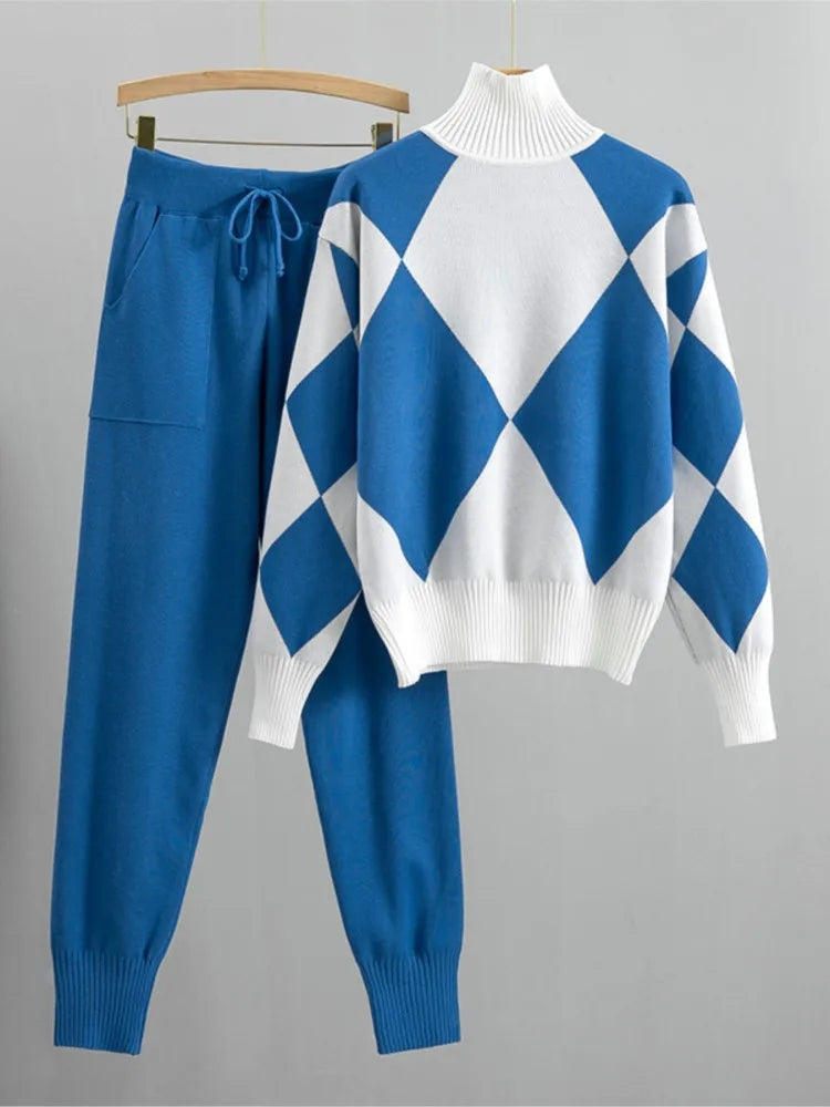 Women's Fashion Knitted Checkered Turtleneck Sweater 2 Piece Autum Winter Casual Lace Up Pocket Knitted Pants Sports Female Suit