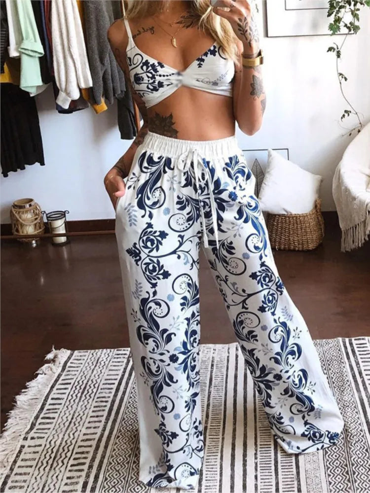 Sexy Two Piece Set Women Outfit 2026 Summer Butterfly Print V-Neck Cropped Top High Waist Drawstring Casual Wide Leg Pants Sets