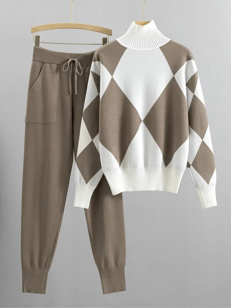 Women's Fashion Knitted Checkered Turtleneck Sweater 2 Piece Autum Winter Casual Lace Up Pocket Knitted Pants Sports Female Suit