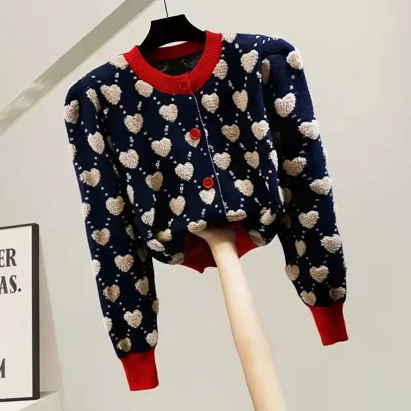 Heart Plaid Viscose Wool Thick O-Neck Vintage Knitted Women's Cardigans Sweater Fashion Single Breasted Short Cardigan For Women