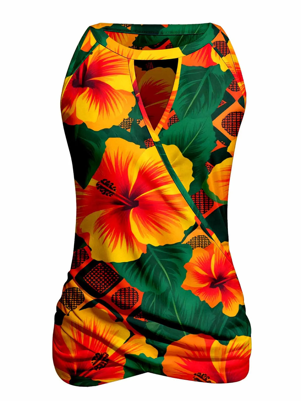 Fashionable Printed V-Neck Camisole Vest Sleeveless Top with Cinched Waist Neck Hanging Design Slimming Vacation Style