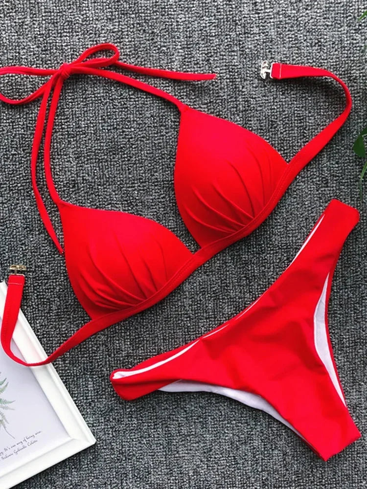 2026 Halter Bra Cup Bikini Sexy Swimsuit Female White Swimwear Women Push up Bikini set Brazilian Bathing Suit Bandeau Swim suit
