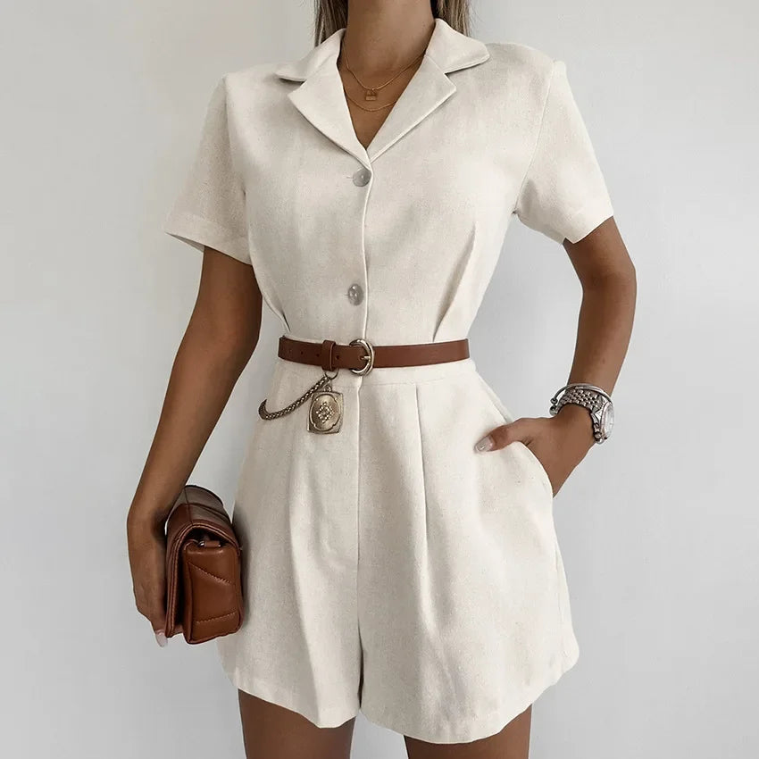 Khaki Linen Waist-cinching Wide-leg Jumpsuit for Women, Short-sleeved Commuting Jumpsuit, Autumn Women's Clothing