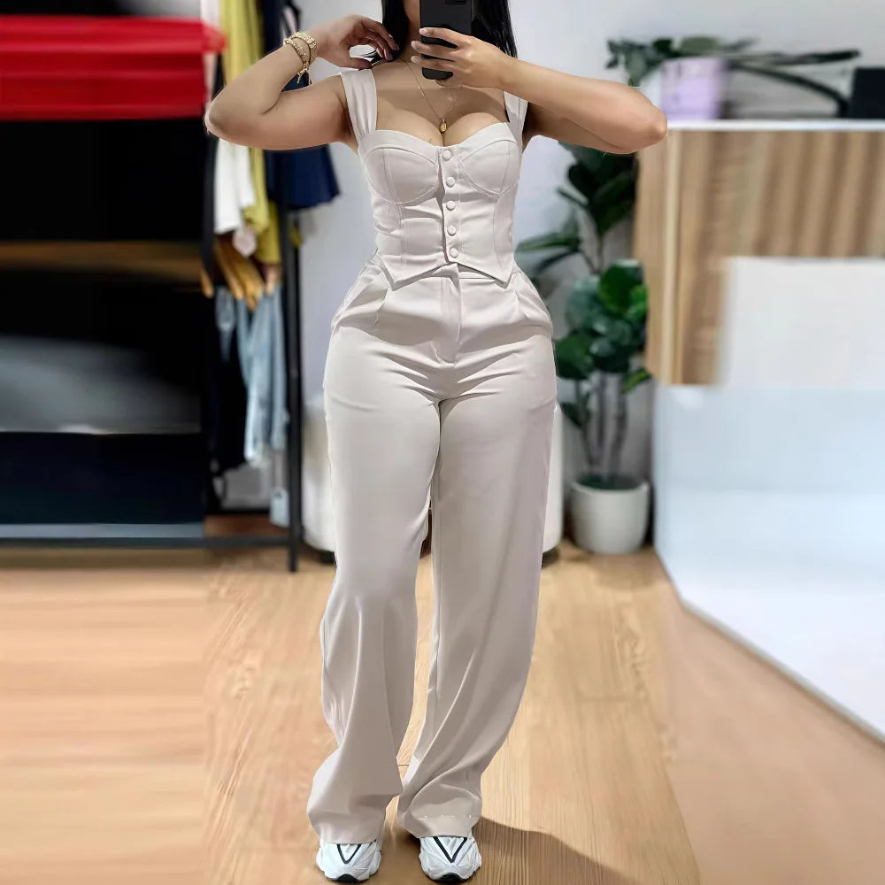 2026 American European New Fashion Women's Elegant Solid Color Trendy 2 Piece Sets Strapeless Suspender Vest Trousers Female