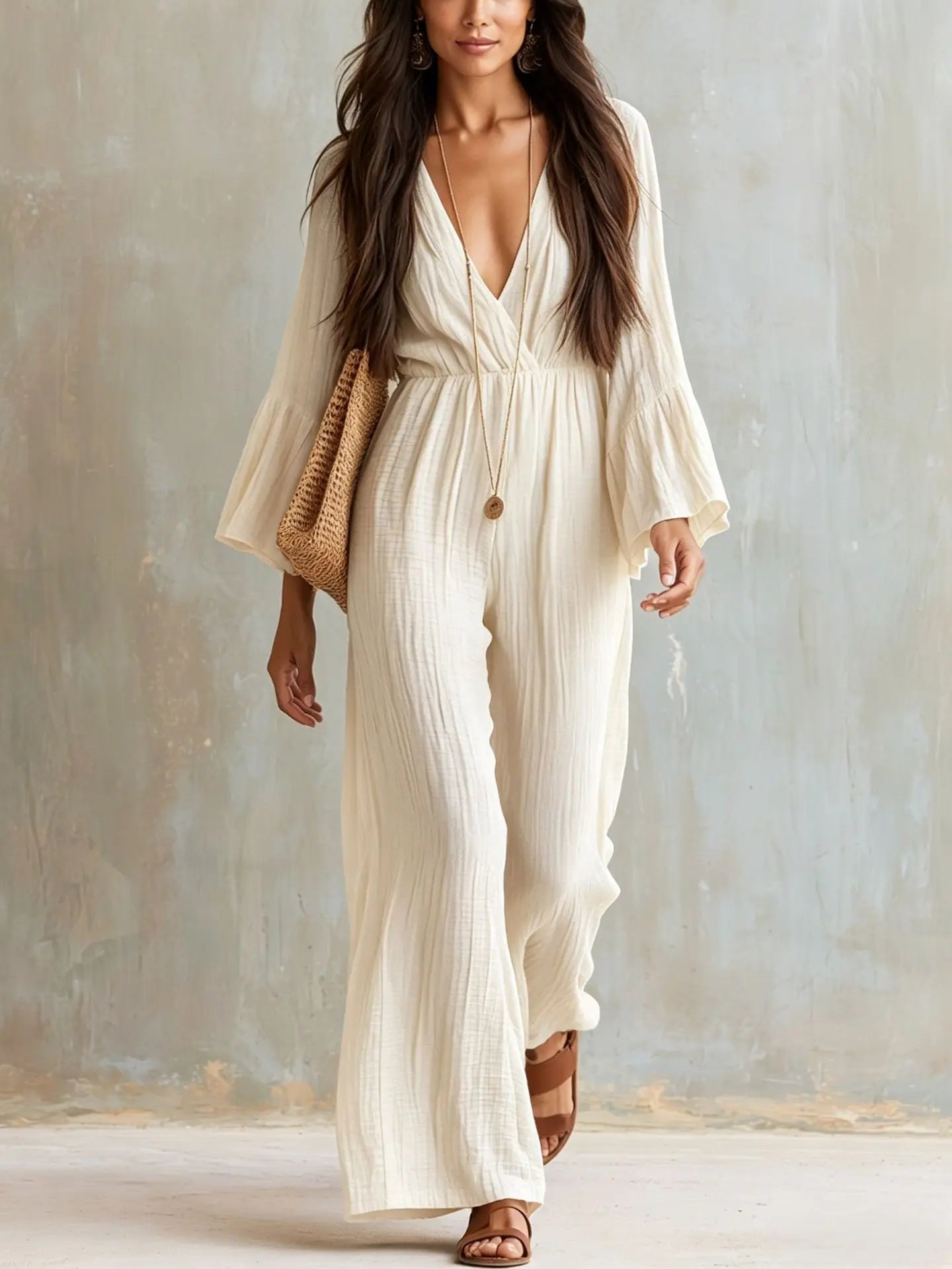Elegant Solid Color Women's High Waisted Jumpsuit Bohemian Spring Autumn Fashion V-neck Wide Leg Jumpsuits Lady Office Clothing