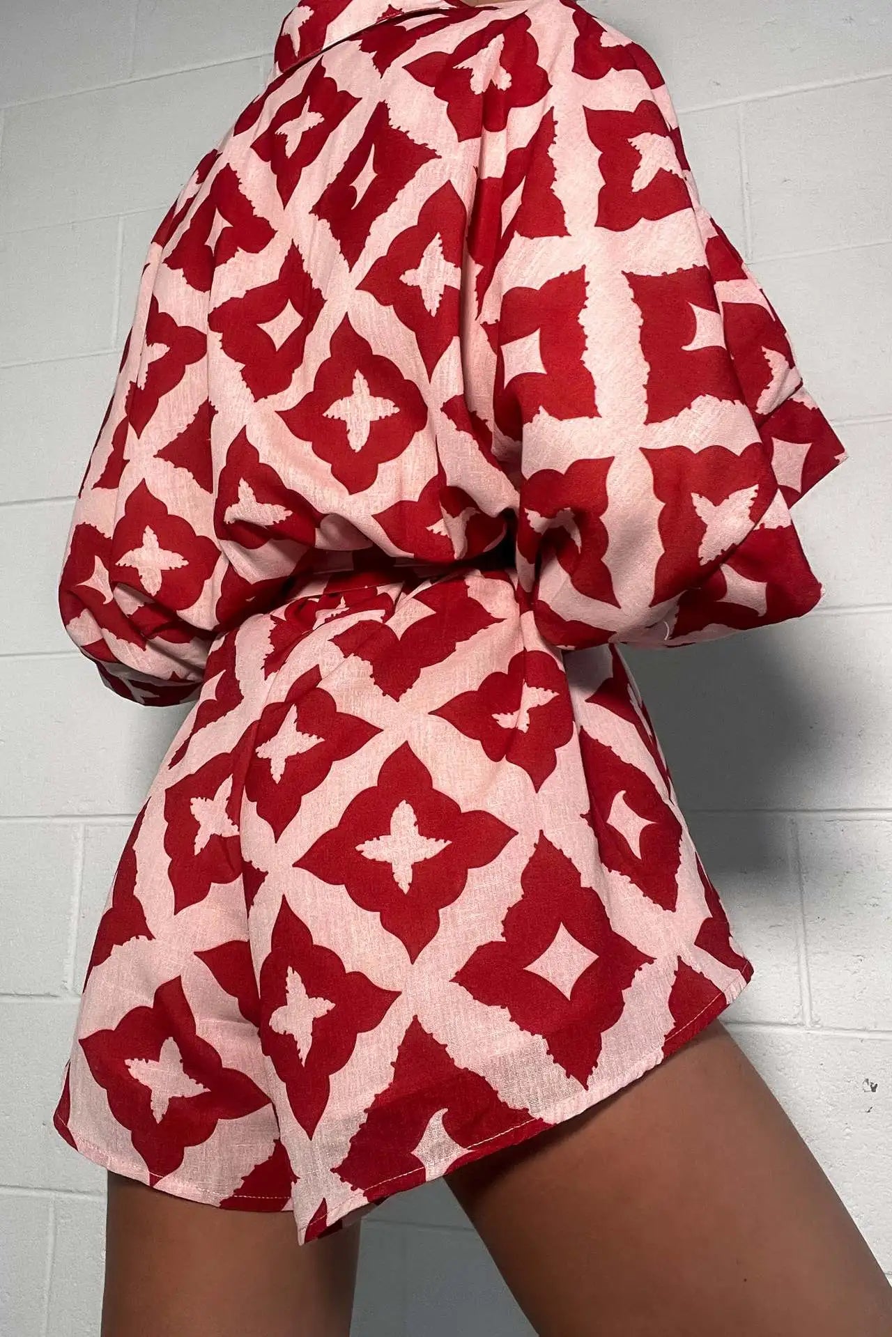 2026 New Autumn Women Loose Casual Print Strap Jumpsuit Red Print Bow Tie Turndown Collar Loose Bodysuit Sexy Outfits Streetwear