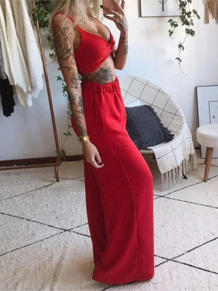Sexy Two Piece Set Women Outfit 2026 Summer Butterfly Print V-Neck Cropped Top High Waist Drawstring Casual Wide Leg Pants Sets