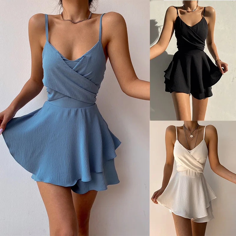 2026 Slim Suspender Strap Sexy Jumpsuits Y2k Ruffles Rompers Summer Casual Threaded Slip Playsuits Female Elegant Skirt Pants