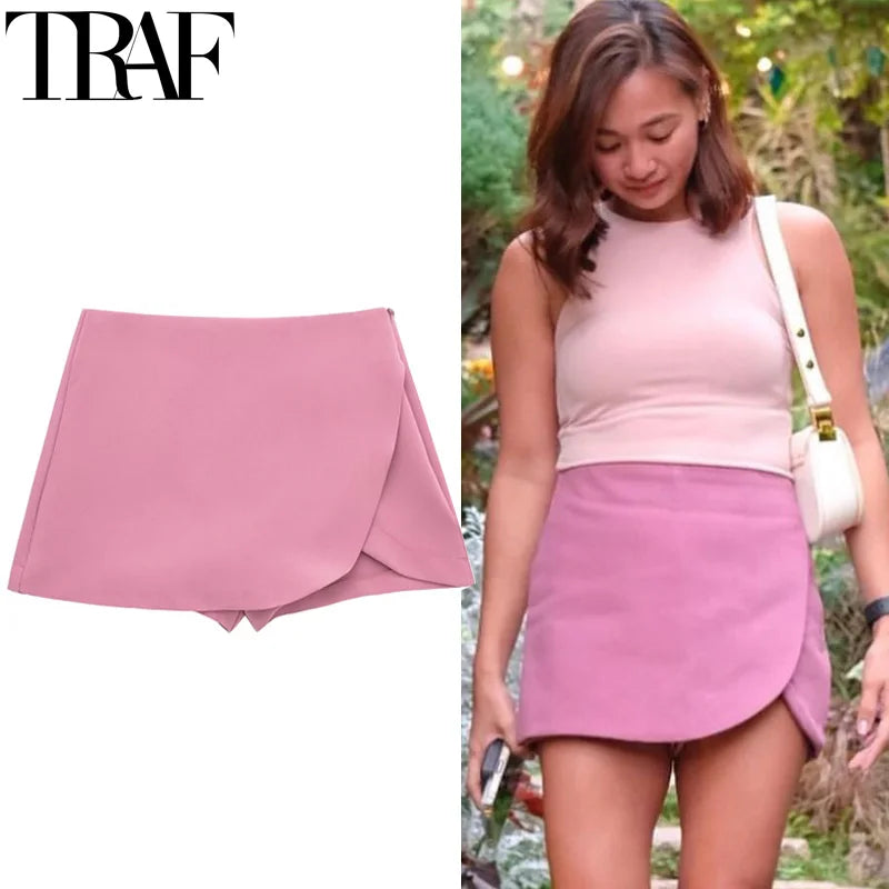HXAO Women's Skirt Shorts Summer Beige Black Skirt Pants Woman Office High Waist Skort For Women Asymmetrical Pink Brown Skirt