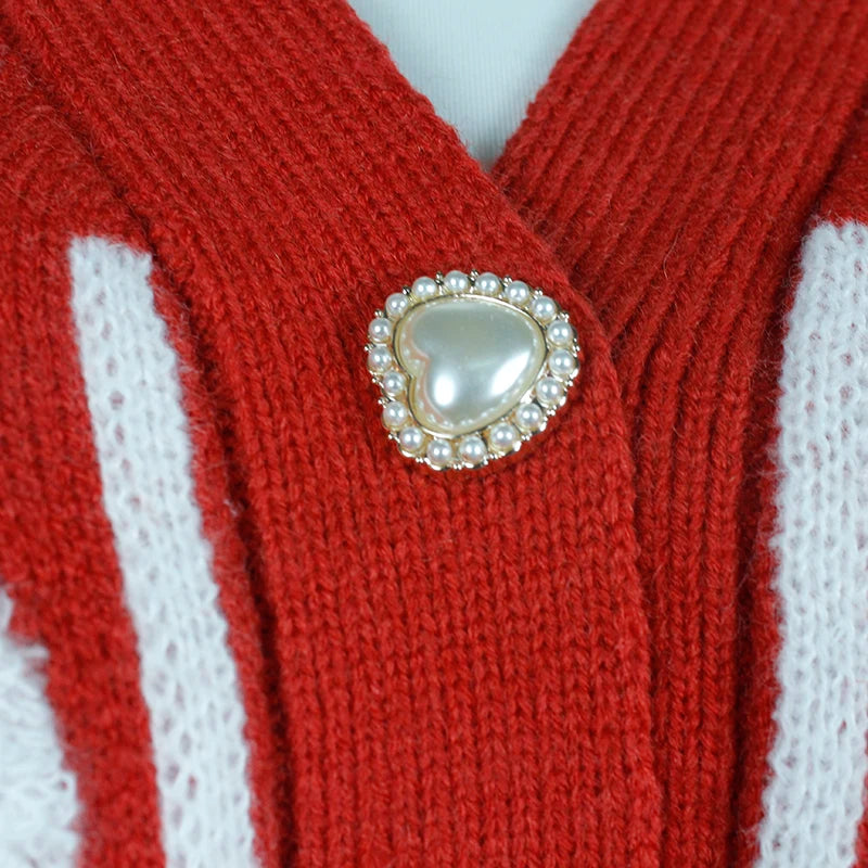 Flocked flower New  red knitted cardigan women's design  new high-end chic v-neck sweater coat  sweater mujer