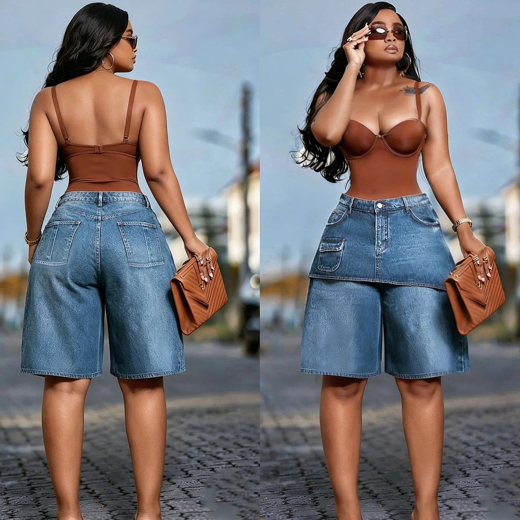 Women Denim Short Pant Jeans Vintage Wide Leg Pants High Waist Straight Trousers Y2k Streetwear Elegant Work Casual Summer