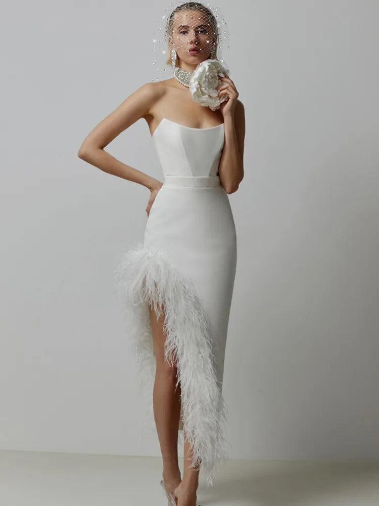 New Women Sexy Strapless Black White Feather Midi Bandage Dress 2026 Split Knitted Elegant Evening Bodycon Party Dress