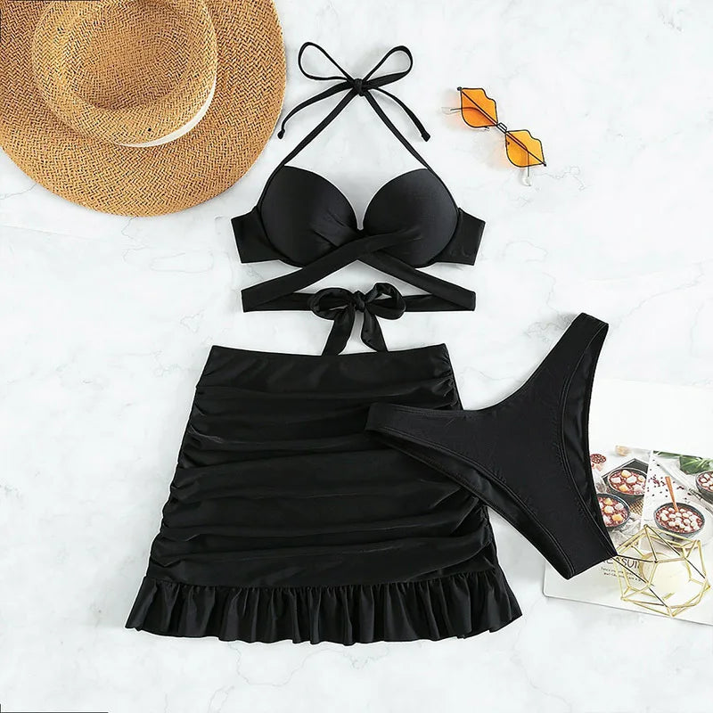 Cikini-Solid Bikini Set, Knot Front Push Up Bra, High Cut Bottom, Ruched Beach Skirt, 3 Piece Bathing Suit