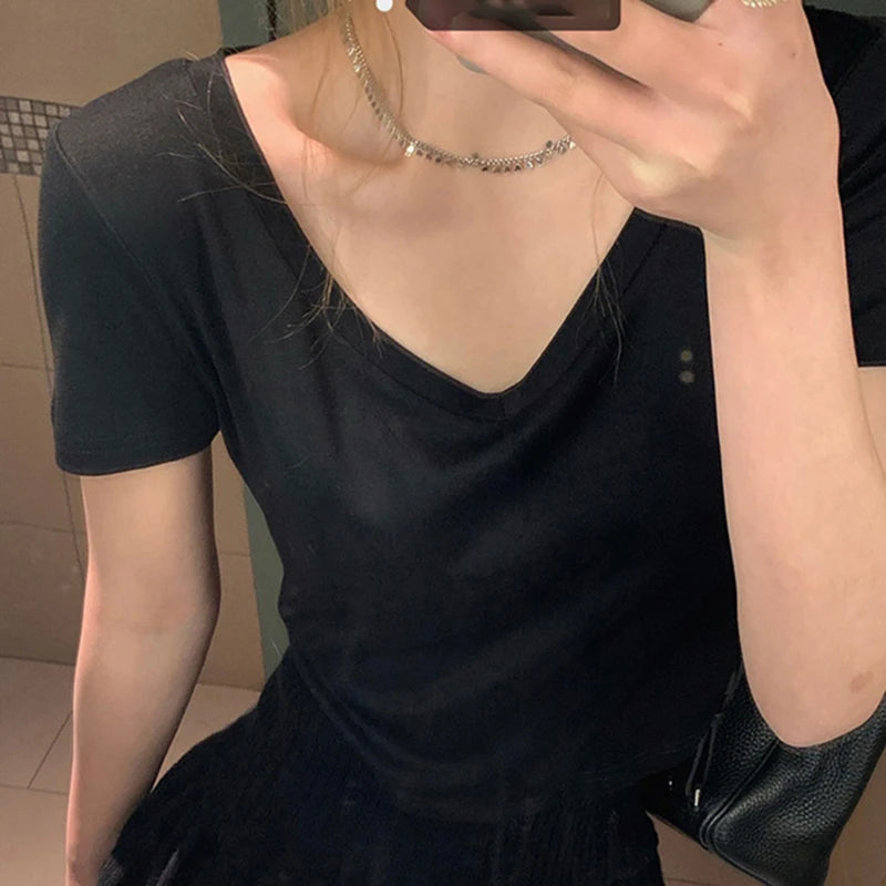 Summer Solid V Neck T Shirts Women Short Sleeve Short Tops Crop Tops Ladies Y2K Tops Tees Female Shirts White Pink