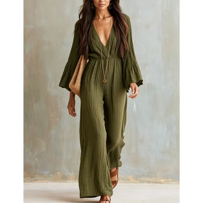 Elegant Solid Color Women's High Waisted Jumpsuit Bohemian Spring Autumn Fashion V-neck Wide Leg Jumpsuits Lady Office Clothing