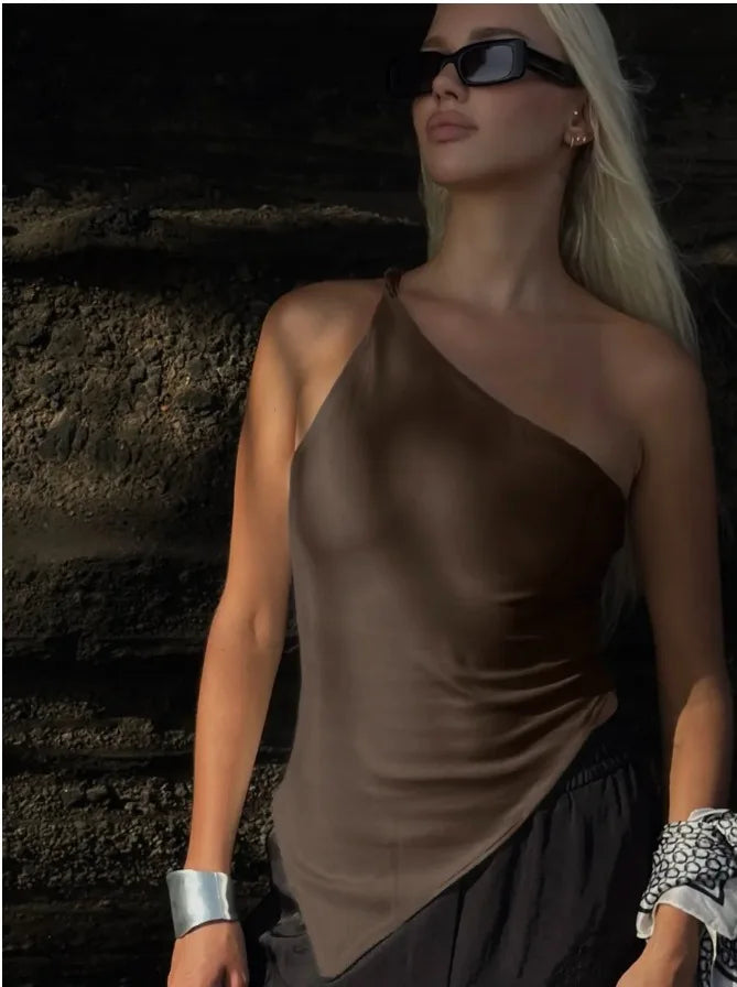 2026 New Fashionable Casual Women's T-Shirt Solid Color Single Shoulder Asymmetrical Slim Fit Top One-Piece Neck