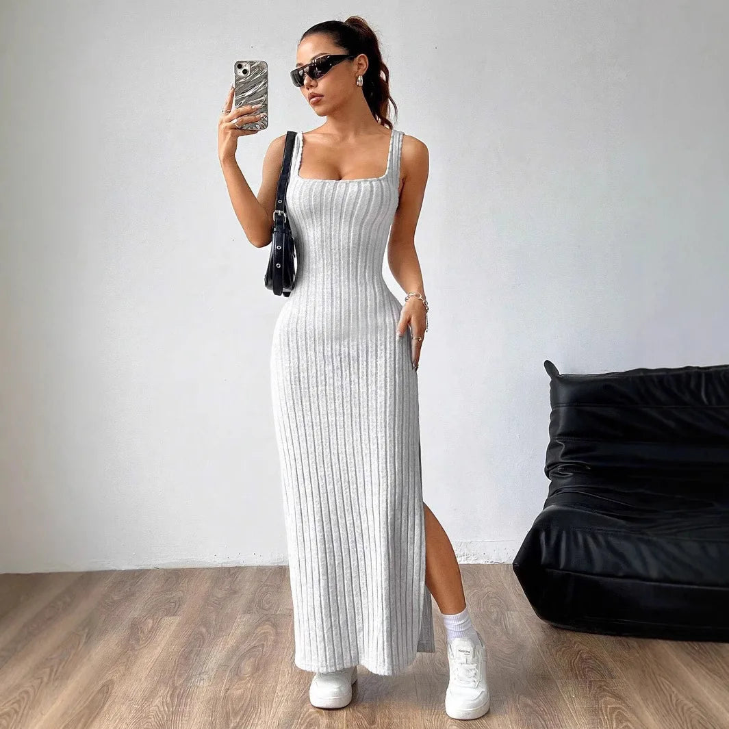 Elegant Slim Knitted Dresses Women New Sexy Hollow Out Backless Bodycon Long Dress Streetwear Fashion Casual Solid Lady Dress