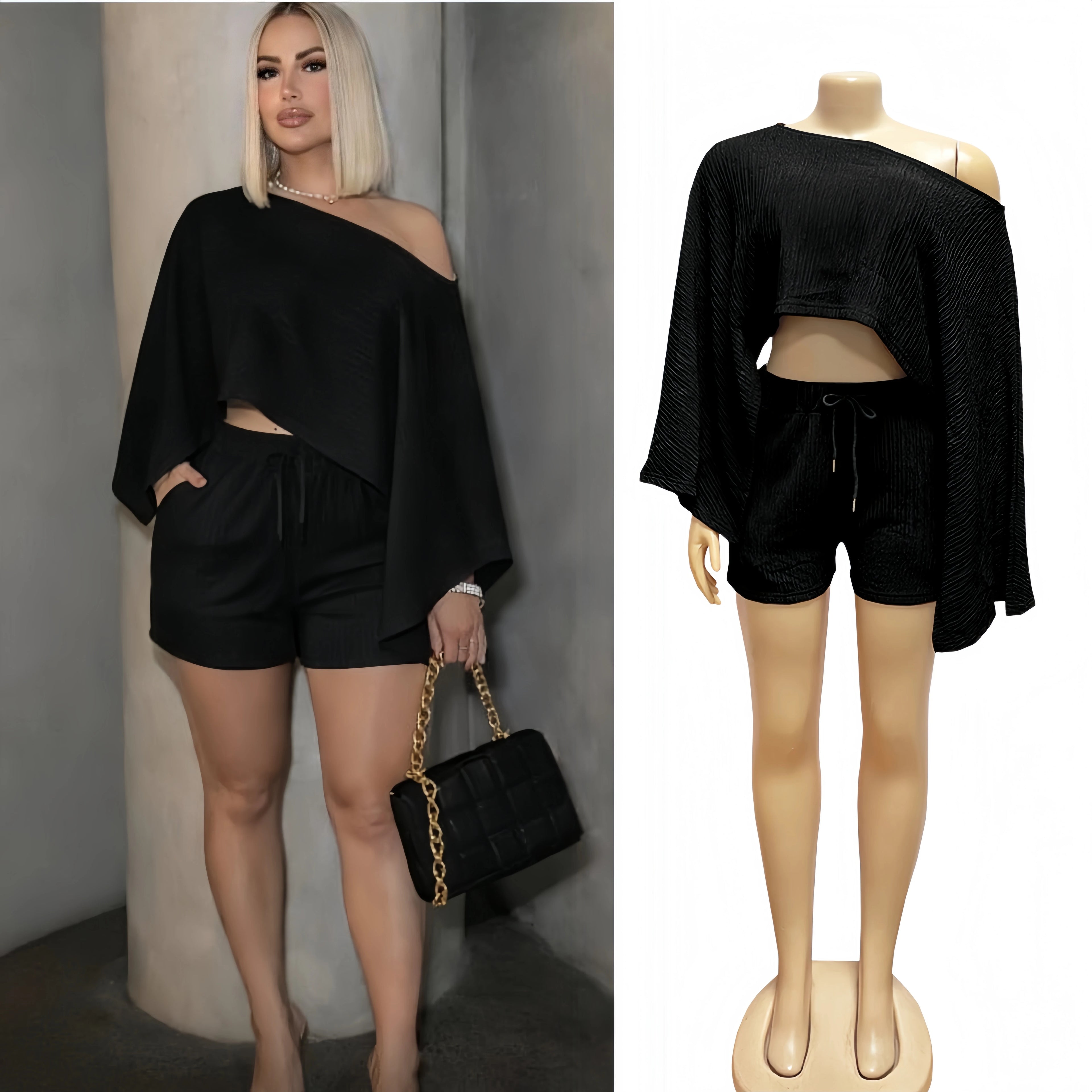 HLJ Elegant Off Showlder Two Piece Outfits Woman Summer One Shoulder Flared Sleeve Loose Crop Top and Skirt Suit Streetwear New