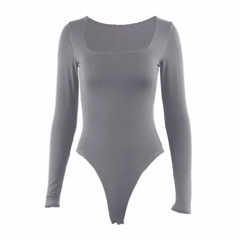 Long Sleeve Bodysuits Spring 2026 Square-Cut Collar Solid Bodycon Elastic Romper Sexy Y2k Women Clothing Fashion Club Party 2520
