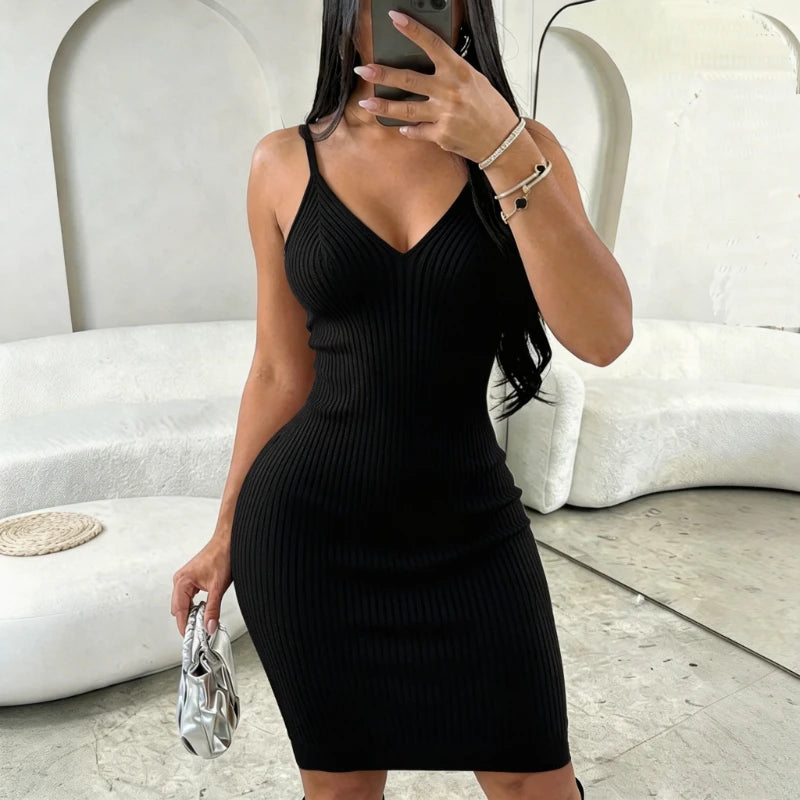 Women's Light Blue Sundress Ribbed Knit Spaghetti Strap V Neck Bodycon Midi Dress Stretchy Form Casual Party Clubwear Outfits