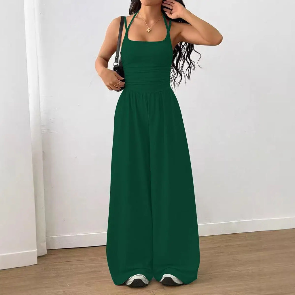 Women Halter Spaghetti Strap Jumpsuits Summer Casual Elastic High Waist Backless Wide Leg Long Pants Romper Club Party Overalls
