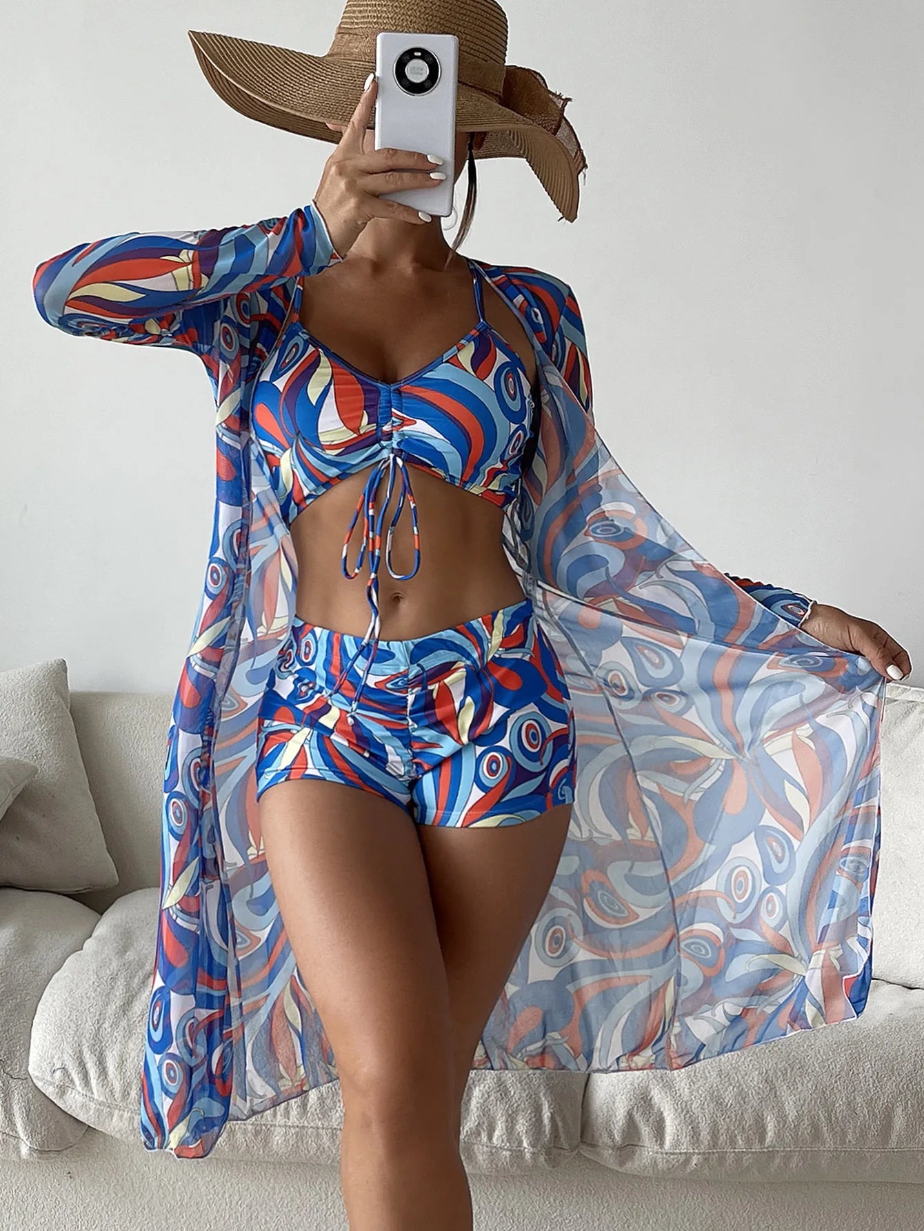 3 Pieces Sexy Print Bikini 2026 Women High Waist Swimsuit & Kimono Swimwear Female Lady Bathing Suit Swimming Summer Beachwear