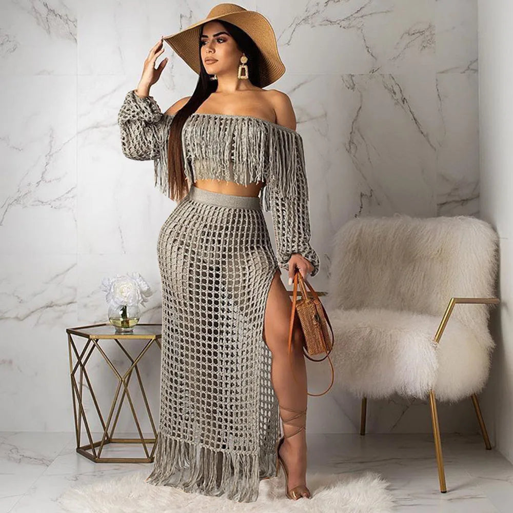 Skirt 2 Piece Set Women Beach Long Skirts Suit Top Off Shoulder Tassels Sexy Hollow Out Ensemble 2026 Summer Female Outfits