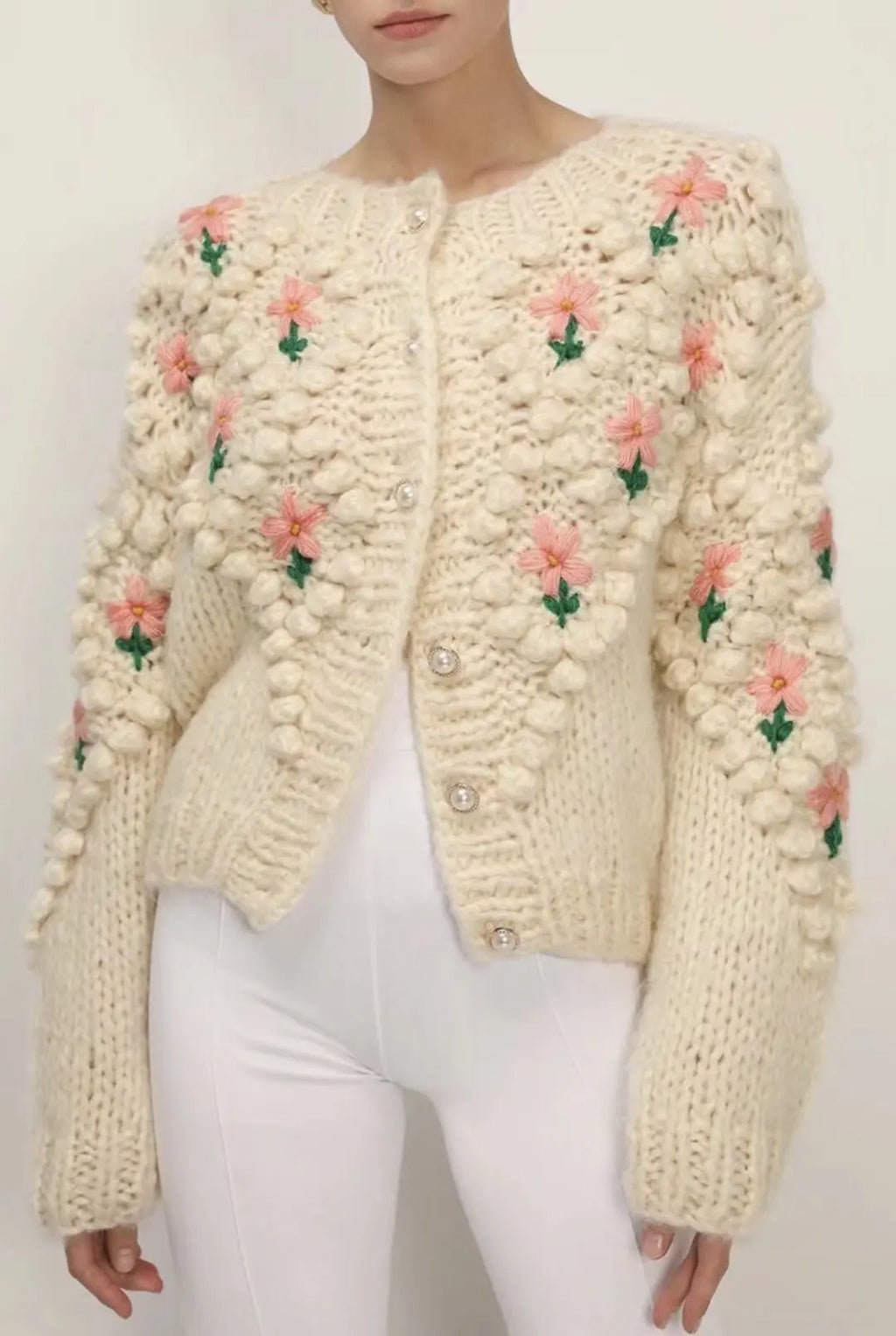 Handmade Embroidery Flower Knitted Coat Women Temperament Elegant Pearl Single-breasted Knitwear Sweater Cardigan Coats Female