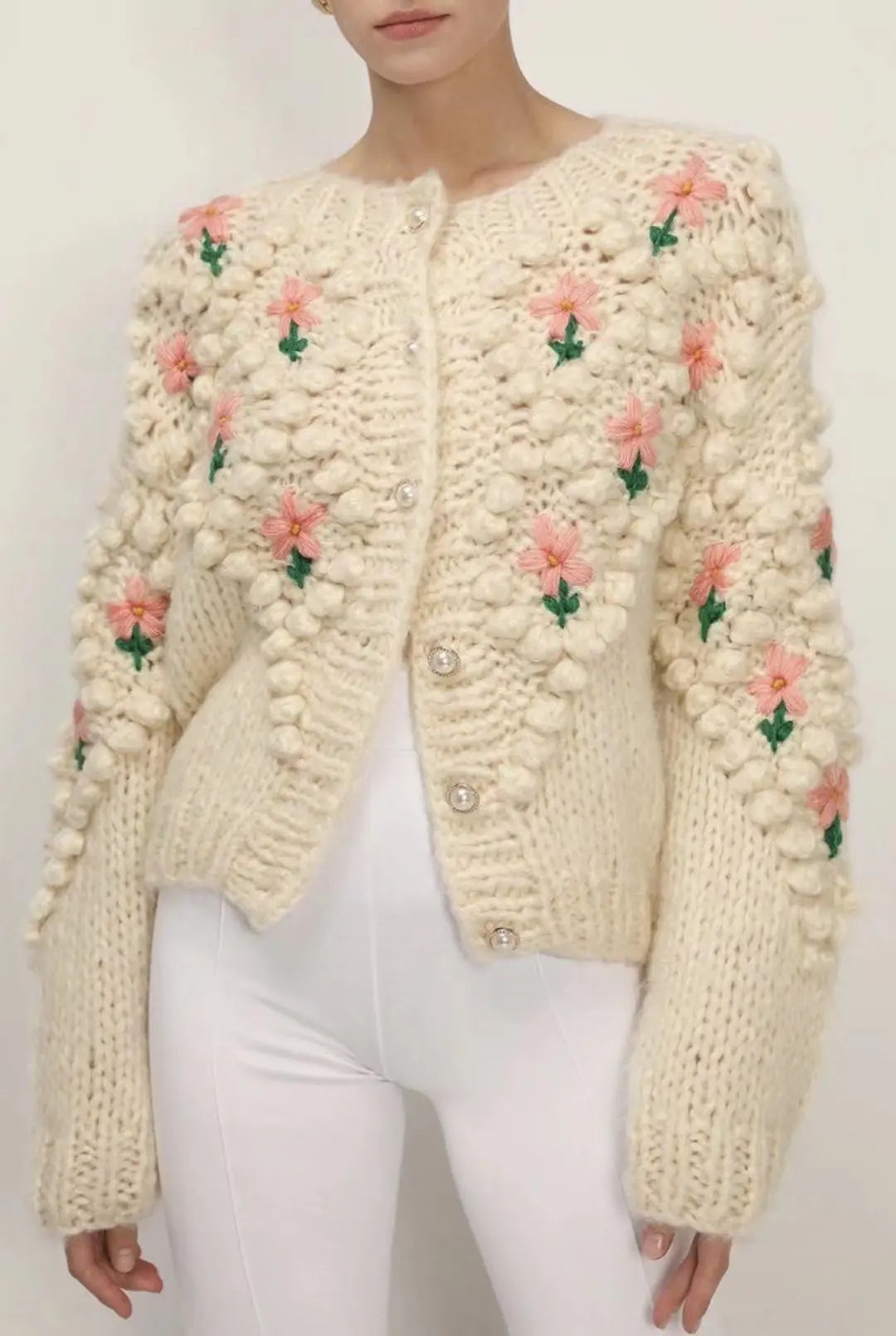 Handmade Embroidery Flower Knitted Coat Women Temperament Elegant Pearl Single-breasted Knitwear Sweater Cardigan Coats Female
