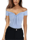 Summer Solid Color Basic Casual Short Sleeve V-neck Off Shoulder Top Sexy Beach Party Slim Fit T-shirts Sweet Style Women's Wear