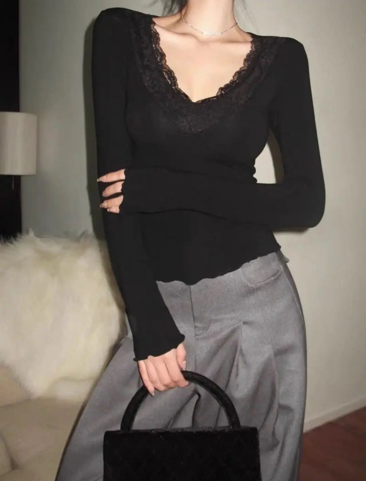 Solid Lace Patchwork Long Sleeve T-shirt Sexy Slim Women Top 2026 Spring Summer New Fashion Korean Style Clothing