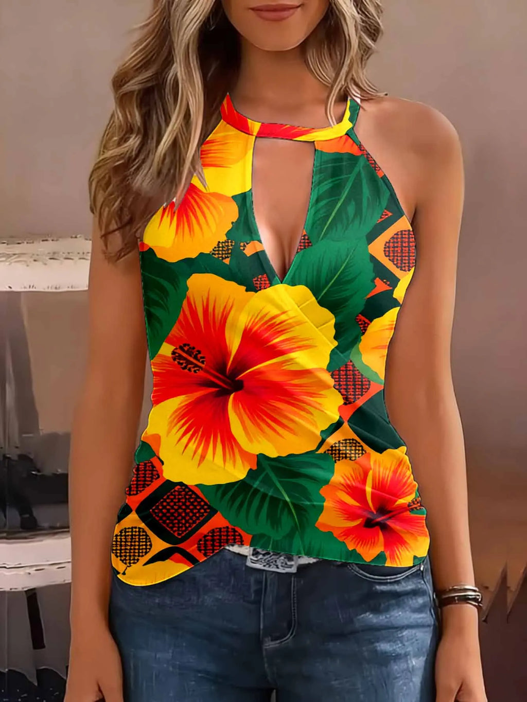 Fashionable Printed V-Neck Camisole Vest Sleeveless Top with Cinched Waist Neck Hanging Design Slimming Vacation Style