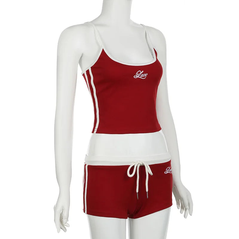 Y2K Women Summer Outfits Set Embroidery Letters Contrast Color Sexy Slim Backless Camisole Tops+Drawstring Elastic Waist Shorts