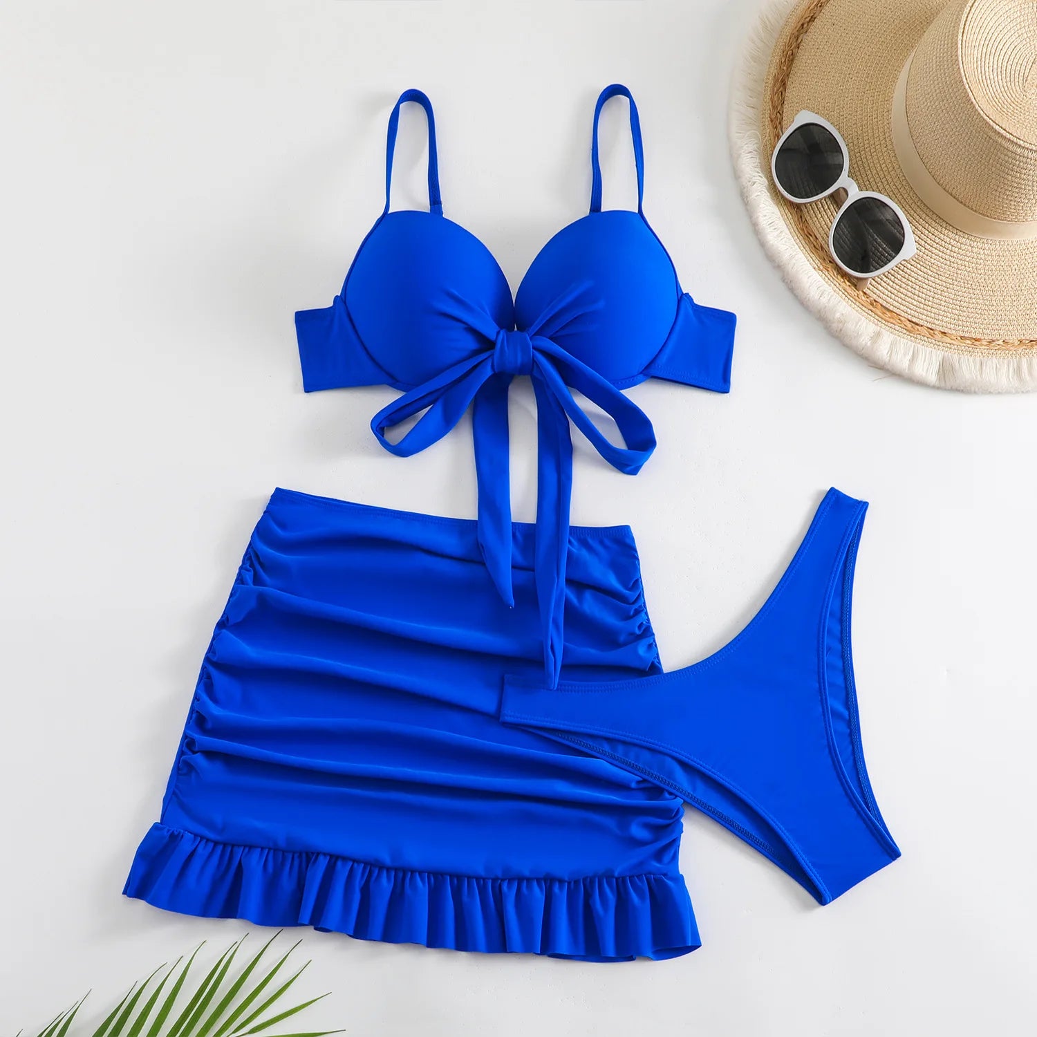 Cikini-Solid Bikini Set, Knot Front Push Up Bra, High Cut Bottom, Ruched Beach Skirt, 3 Piece Bathing Suit