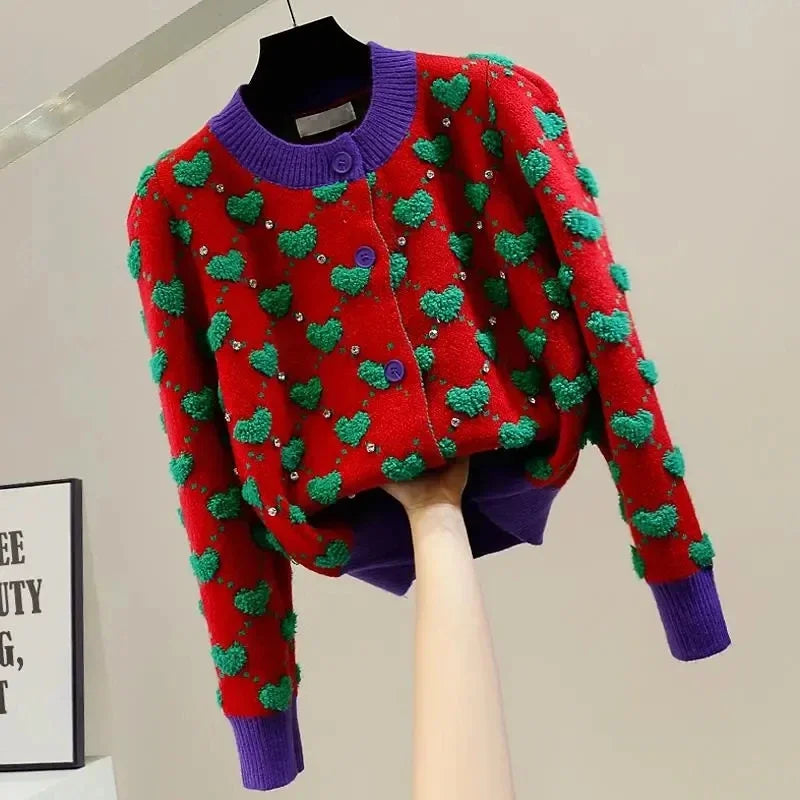 Heart Plaid Viscose Wool Thick O-Neck Vintage Knitted Women's Cardigans Sweater Fashion Single Breasted Short Cardigan For Women