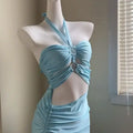 Women's 2 Piece Halter Cutout Swimsuit Ruched Drawstring Maxi Skirt Bathing Suit for Beach Vacation