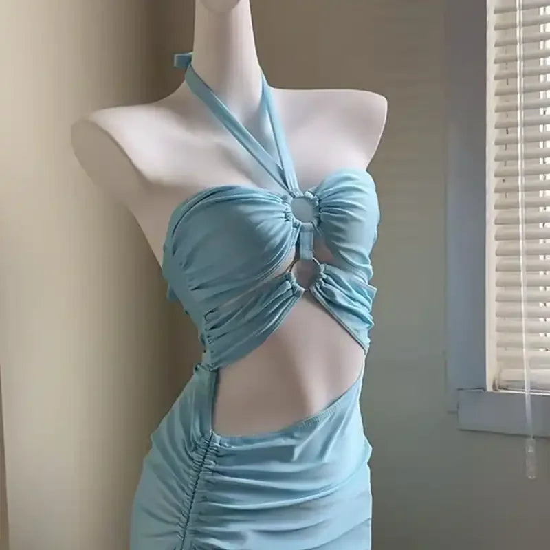 Women's 2 Piece Halter Cutout Swimsuit Ruched Drawstring Maxi Skirt Bathing Suit for Beach Vacation