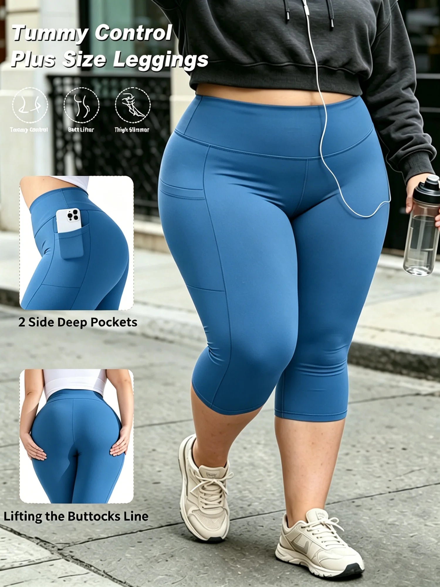 Capri Plus Size Leggings for Women with Pockets-Stretchy  Tummy Control High Waist Workout Black Yoga Pants