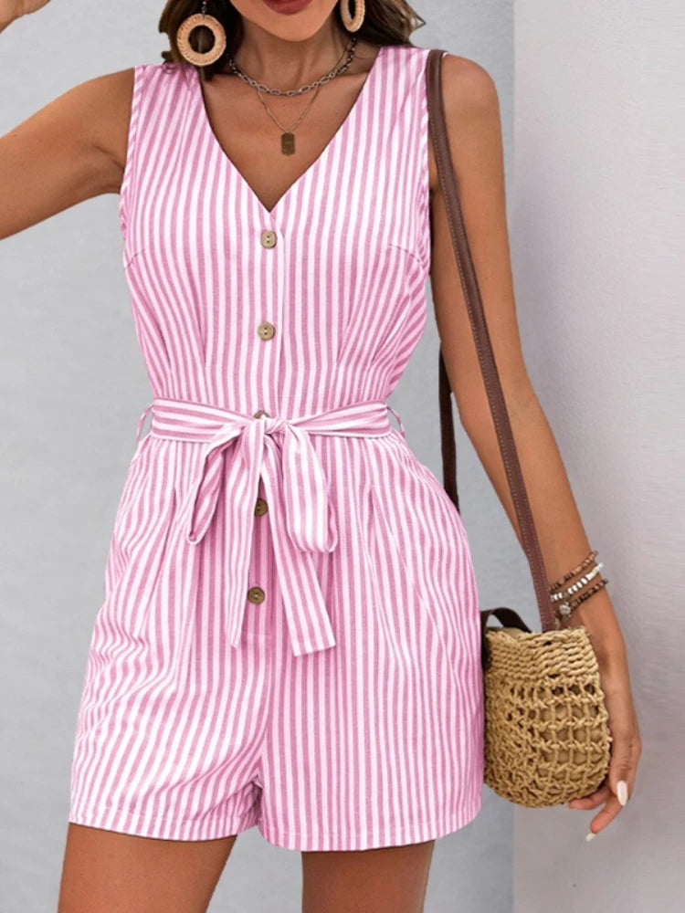 New Summer Women Playsuit Stripe Print V Neck Sleeveless Loose Shorts Jumpsuit Romper with Belt and Pockets Streetwear Clothing