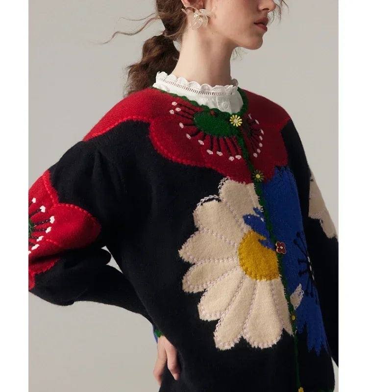 Vintage Flower Embroidery Knitted Top High Quality Women Fashion Cardigan Fashion Trends Autumn/Winter New in Chic Sweater Coat