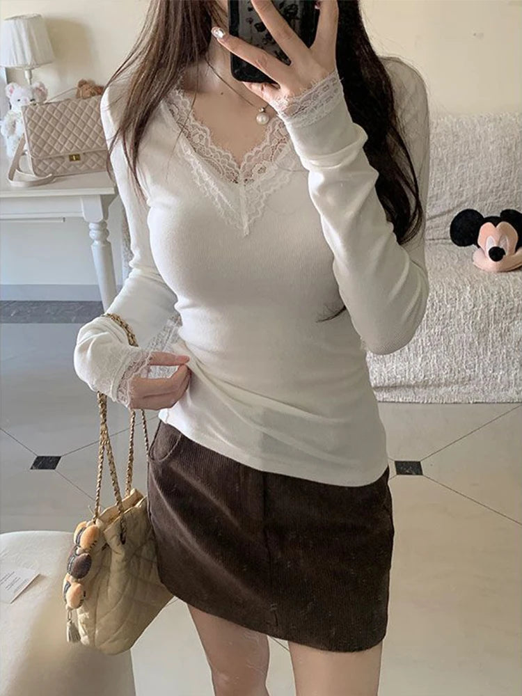 Solid Lace Patchwork Long Sleeve T-shirt Sexy Slim Women Top 2026 Spring Summer New Fashion Korean Style Clothing