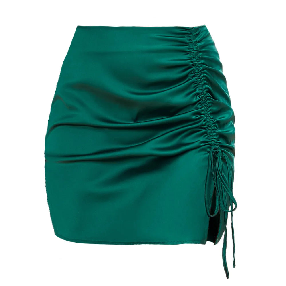 Elegant Stylish Solid Color Ruffle Bodycon Skirt Sexy High Waist Zip Satin Midi Skirt Women Sexy Bodycon Mini Short Skirt