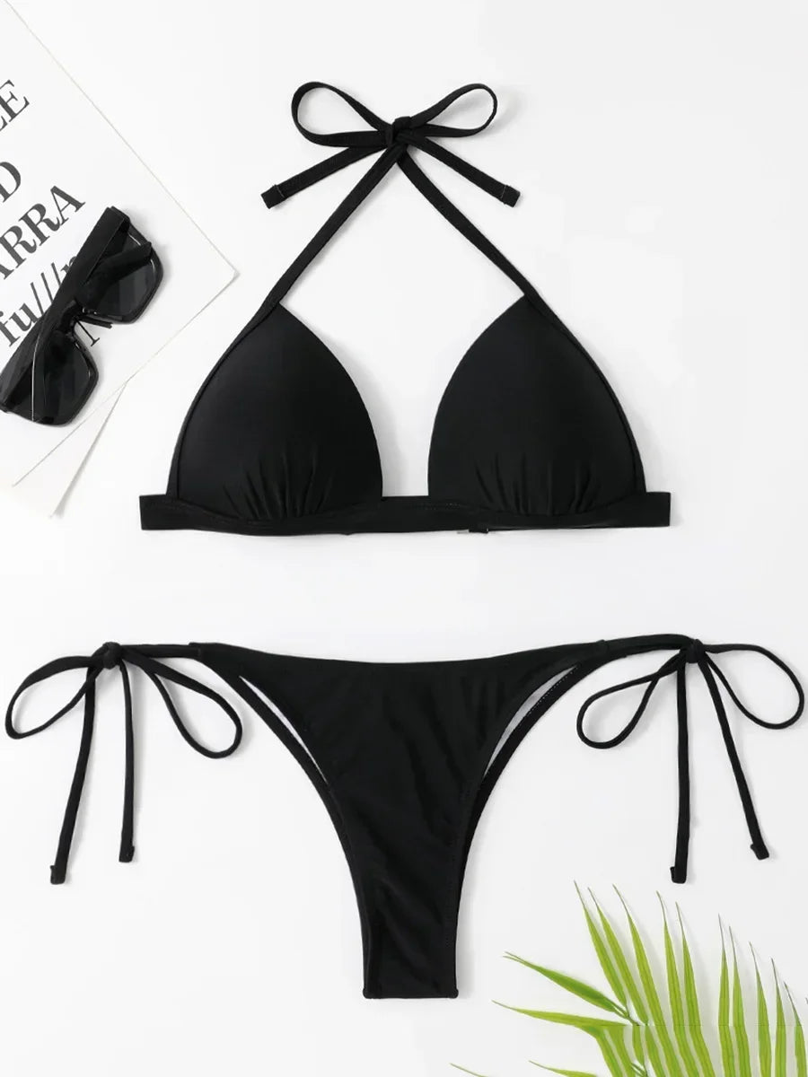 2026 Halter Bra Cup Bikini Sexy Swimsuit Female White Swimwear Women Push up Bikini set Brazilian Bathing Suit Bandeau Swim suit