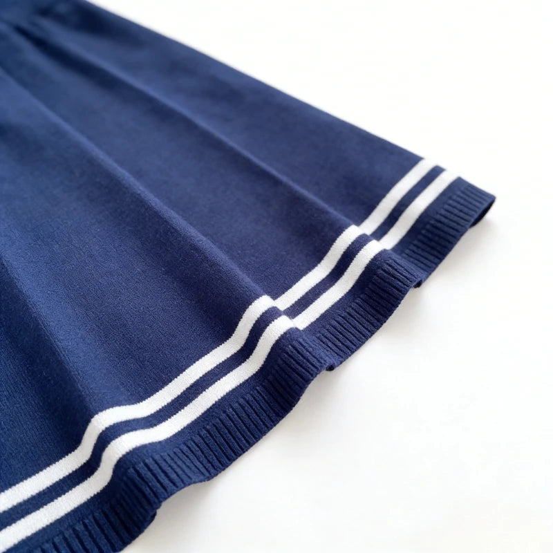 Women's White Short Sleeve Peter Pan Collar Bow Sundress Striped Hem Stretchy Ribbed Knit A-Line Mini Dress Casual Party Dress