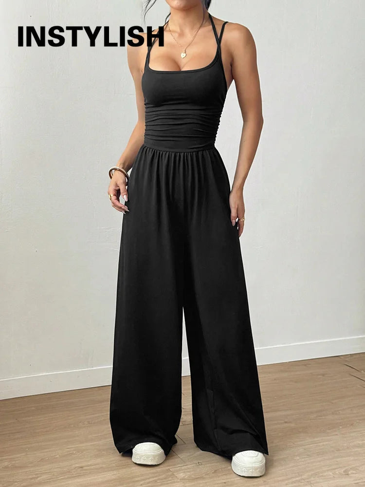 Women Halter Spaghetti Strap Jumpsuits Summer Casual Elastic High Waist Backless Wide Leg Long Pants Romper Club Party Overalls
